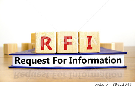 RFI request for information symbol. Concept words RFI request for information on wooden cubes on book on a beautiful white background. Business RFI request for information concept. Copy space. 89622949
