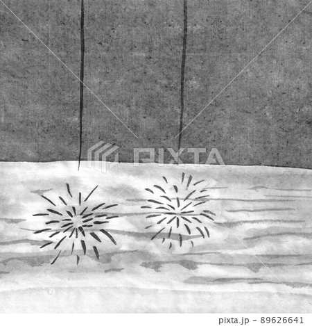 花火の風景背景モノクロイラスト（墨の手描きイラスト）のイラスト素材