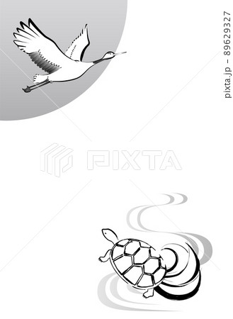 水墨画、墨絵風の鶴と蓑亀が描かれた白黒のポストカードイラスト