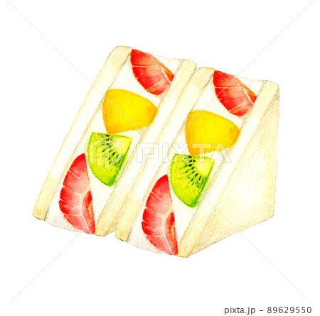 みみ水彩画 カフェのフルーツサンド　値段は700円です いちご・キウイ・マンゴーのフルーツサンド2個セット スイーツ・カフェ