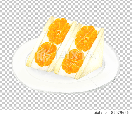 盤子上的橘子水果三明治糖果咖啡館菜單手繪水彩插圖素材 89629656