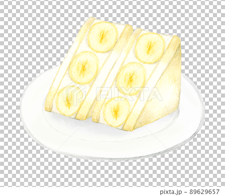 盤子上的香蕉水果三明治糖果咖啡館菜單的手繪水彩插圖素材 89629657