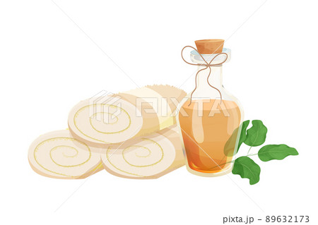Spa treatment rolled towel lying in stack, sandal oil in glass bottle in cartoon style isolated on white background, Beauty procedure Spa treatment rolled towel lying in stack, sandal oil in glass bottle in cartoon style isolated on white background, Beauty procedure 89632173