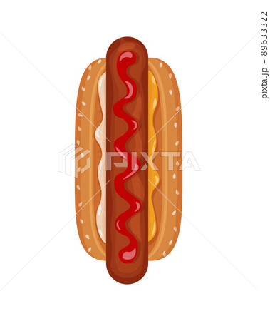 Hot dog top view. An image of a hot dog with sausage, drizzled with ketchup and sprinkled with mustard. Fast food. Vector illustration isolated on a white background 89633322