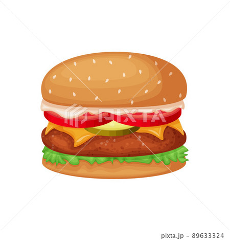 Hamburger. A large hamburger with a cutlet, tomatoes, cucumbers and cheese. Big Mac. Fast food, vector illustration isolated on a white background 89633324