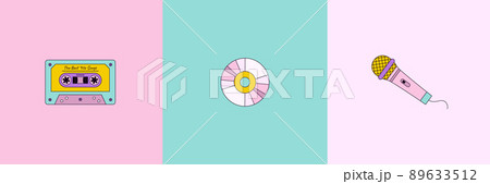 Music Set 90's in Pop Art Style. Vector Illustration Audio Cassette, CD Disk, Microphone 89633512