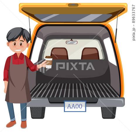 Man with coffee cup in the back of van 89633767