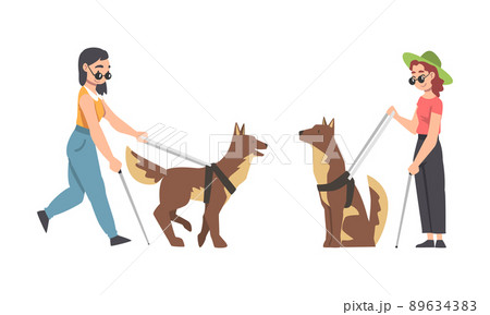 Guide Dog with Blind Woman as Trained Assistance Pet and Seeing Eye Vector Set 89634383