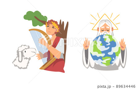 Bible Narrative with David King of Israel Playing Harp and World Creation Vector Illustration Set Bible Narrative with David King of Israel Playing Harp and World Creation Vector Illustration Set 89634446