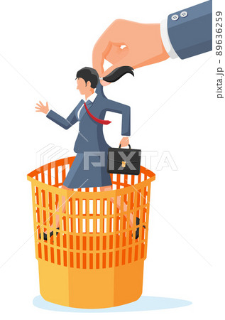 Big Hand Throwing Businesswoman Into Trash Can. Big Hand Throwing Businesswoman Into Trash Can. 89636259