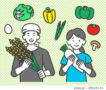 収穫した野菜や米を持つ農家と野菜のアイコンのベクターイラスト素材／農業／園芸 89636310