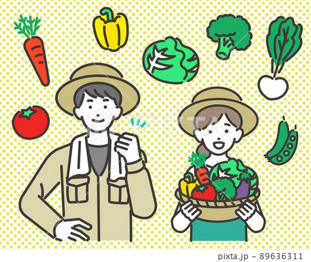 収穫した野菜や米を持つ農家と野菜のアイコンのベクターイラスト素材／農業／園芸 89636311