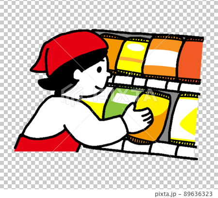 品出し、商品を陳列するエプロン姿の女性店員（シンプル） 89636323