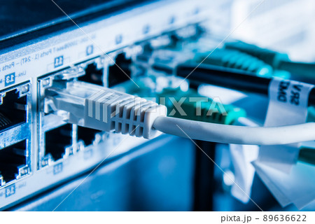 Detail of server with patch cables plugged in ethernet ports 89636622