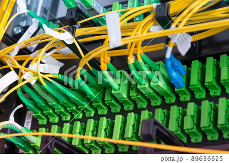 Fiber Optic cables connected to an optic ports - data switch in internet data center 89636625