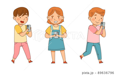 Cute kids using gadgets set. Boy and girl playing with smartphone cartoon vector illustration Cute kids using gadgets set. Boy and girl playing with smartphone cartoon vector illustration 89636796