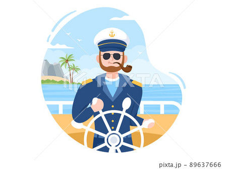 Man Cruise Ship Captain Cartoon Illustration in Sailor Uniform Riding a Ships, Looking with Binoculars or Standing on the Harbor in Flat Design Man Cruise Ship Captain Cartoon Illustration in Sailor Uniform Riding a Ships, Looking with Binoculars or Standing on the Harbor in Flat Design 89637666