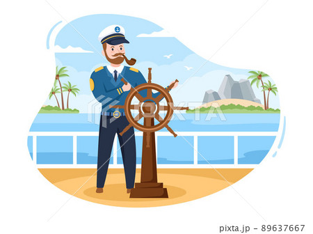 Man Cruise Ship Captain Cartoon Illustration in Sailor Uniform Riding a Ships, Looking with Binoculars or Standing on the Harbor in Flat Design Man Cruise Ship Captain Cartoon Illustration in Sailor Uniform Riding a Ships, Looking with Binoculars or Standing on the Harbor in Flat Design 89637667
