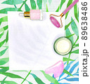SPA cosmetic products set. Flat lay, top view face massage roller, serum, face cream and gua sha 89638486
