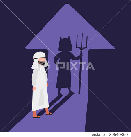 Business flat drawing Arabian businessman with devil of shadow. Evil worker facing his devil shadow on the wall. Bad character businessman. Success and inconsiderateness. Cartoon vector illustration Business flat drawing Arabian businessman with devil of shadow. Evil worker facing his devil shadow on the wall. Bad character businessman. Success and inconsiderateness. Cartoon vector illustration 89640360