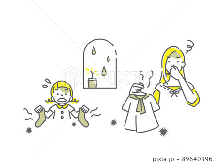お母さんと娘　洗濯物の生乾き　シンプルでお洒落な線画イラスト 89640396