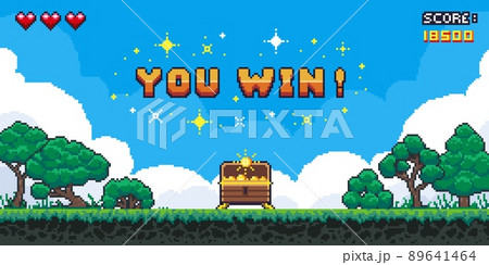 Pixel game win screen. Retro 8 bit video game interface with You Win text, computer game level up background. Vector pixel art illustration Pixel game win screen. Retro 8 bit video game interface with You Win text, computer game level up background. Vector pixel art illustration 89641464