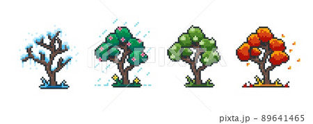 Season pixel tree. 8 bit spring summer autumn and winter cartoon tree for retro video game. Vector green and white garden plant Season pixel tree. 8 bit spring summer autumn and winter cartoon tree for retro video game. Vector green and white garden plant 89641465