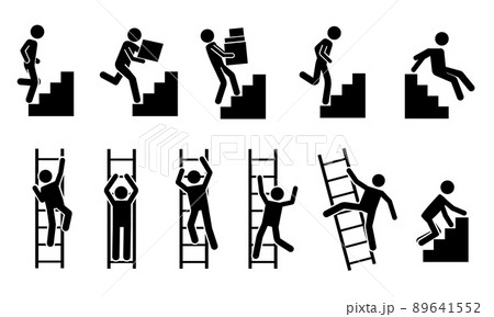 Stick man go up. Black pictograms of people climbing on staircase and ladder, stickman silhouettes. Vector movement and success concept Stick man go up. Black pictograms of people climbing on staircase and ladder, stickman silhouettes. Vector movement and success concept 89641552