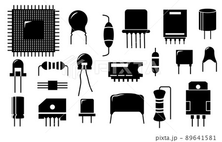 Black electronic component icons. Electric circuit conductor and semiconductor parts, diode transistor resistor capacitor elements. Vector set 89641581