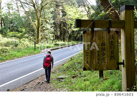箱根町　旧東海道（県道732号線）と須雲川自然探勝歩道案内板とハイカー 89641603