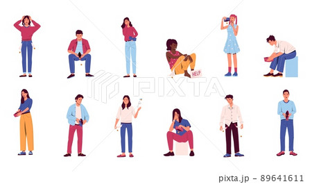 Bankrupt characters. Cartoon men and women losing money and job with empty pockets and wallets. Vector financial crisis set 89641611