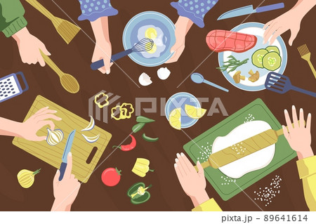 Hands cooking top. Cook class poster with top view of hands holding kitchenware and utensils, cutting and blending. Vector banner Hands cooking top. Cook class poster with top view of hands holding kitchenware and utensils, cutting and blending. Vector banner 89641614