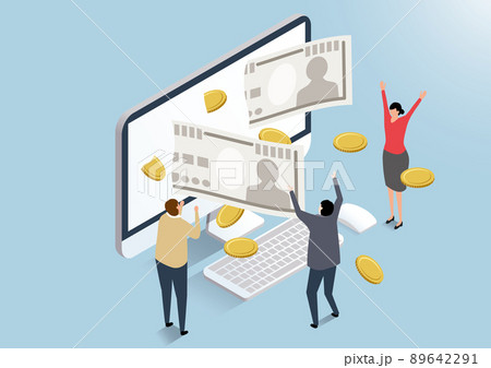 アイソメトリック_パソコンからお金が出て喜んている人々 89642291