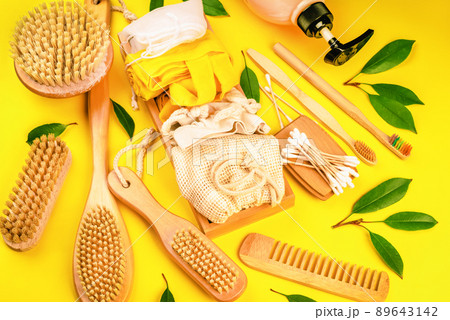 Life without Plastic concept.Items for hygiene and face and body care made of eco-friendly materials.Personal care products made from natural materials.Flat lay of personal care zero waste supplies. 89643142