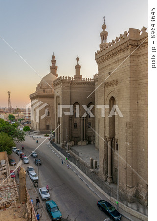 External view of Al Rifai and Sultan Hasan historical mosques, Old Cairo, Egypt 89643645