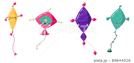 Set of cartoon kites with funny faces. Cute hand drawn wind flying toys of different colors.  Elements for kite festival. Makar Sankranti. Flat vector illustration. 89644026