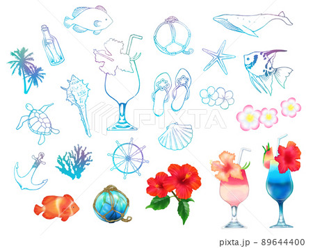 手描き線画のトロピカルマリン素材セット(白背景) 手描き線画のトロピカルマリン素材セット(白背景) 89644400