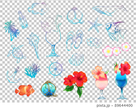 手描き線画のトロピカルマリン素材セット(白背景) 手描き線画のトロピカルマリン素材セット(白背景) 89644400