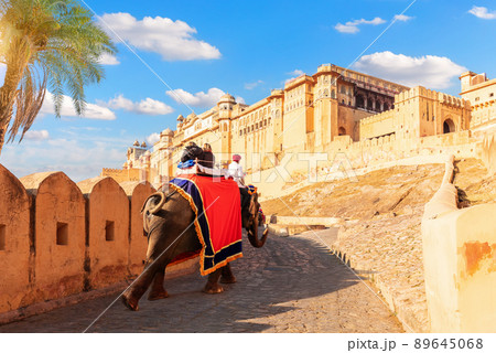 Riding an elephant in Amber Fort, Jaipur, India 89645068