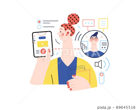 Technology Memphis - educational technology -modern flat vector concept digital illustration of distant education via application, student and tutor video chat. Creative landing web page illustration 89645516