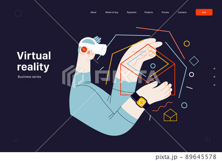 Technology Memphis - virtual reality -modern flat vector concept digital illustration of a man wearing VR goggles headset touching a simulated 3d construction. Creative landing web page template 89645578