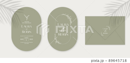Vintage wedding invitation card set template with leaves and twigs. Double arch elegant shape. Wedding name envelope. 89645718