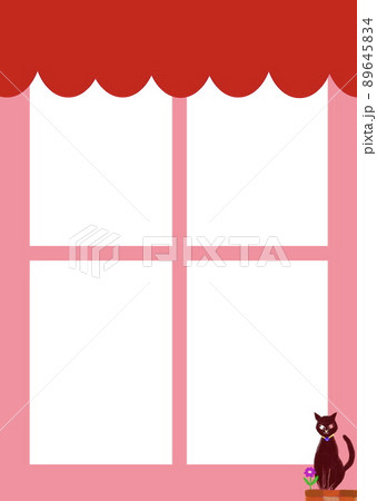 赤い屋根とピンクの壁に白窓と猫の背景素材 89645834