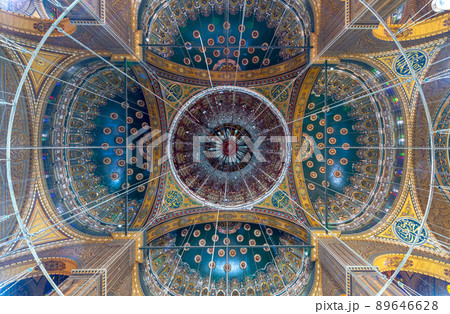 Ceiling of the great Mosque of Muhammad Ali Pasha decorated with golden and blue floral patterns, Citadel of Cairo in Egypt 89646628