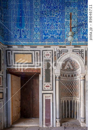 Marble wall with mihrab (Embedded niche) at the Tomb of Ibrahim Agha Mustahfizan, Mosque of Aqsunqur (Blue Mosque), Cairo, Egypt 89646711