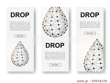 Set of three Water drops polygonal vertical banners. 3d Oil drop low poly symbols with connected dots. Vertical illustration for homepage design. 89648100