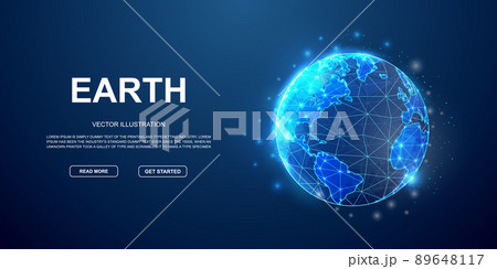 Earth 3d low poly symbol with connected dots for blue landing page. Planet, universe design illustration concept. Polygonal World map illustration 89648117
