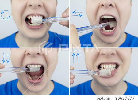Instructions on how to brush your teeth. Step-by-step scheme. Clean healthy, healthy lifestyle, white teeth. Photo with arrows showing the correct directions for brushing your teeth. Instructions on how to brush your teeth. Step-by-step scheme. Clean healthy, healthy lifestyle, white teeth. Photo with arrows showing the correct directions for brushing your teeth. 89657677
