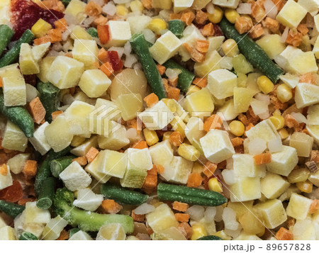 Frozen vegetable mix in a fridge in the store Frozen vegetable mix in a fridge in the store 89657828