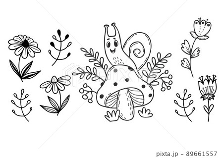 Collection Cute snail and decorative flowers, daisies and twigs. Linear hand drawing. Vector illustration. Isolated elements - Funny snail clam and flowers for design and decor 89661557